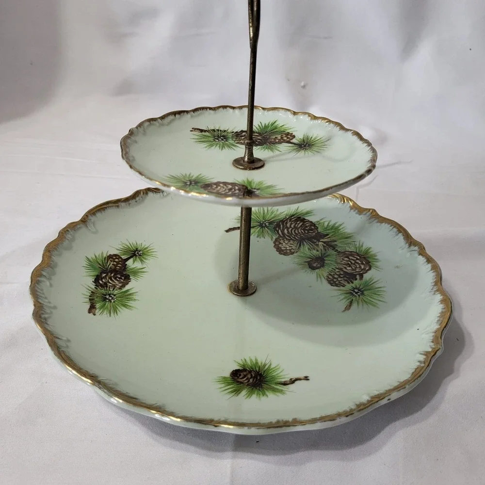 Vintage 2-tier Display Plate Stand Green Gold Edge and Pine Cone Pattern Japan